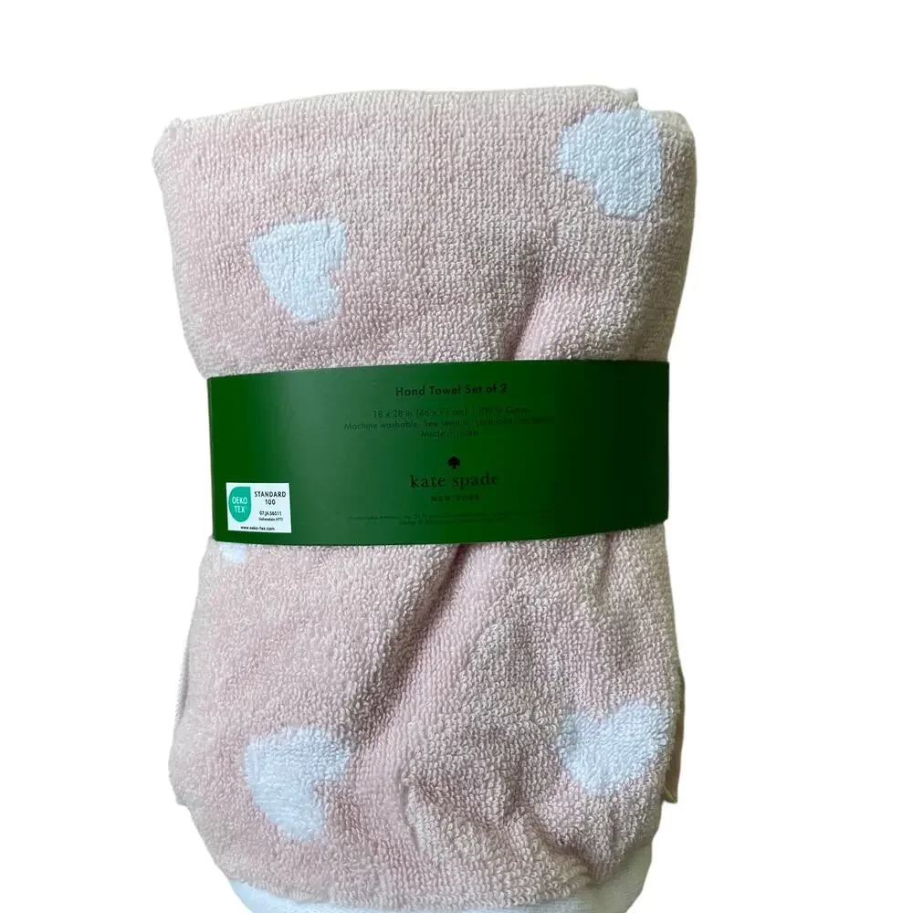 KATE SPADE Cotton Hand Towels Set of 2 Ballet Pink & White Hearts 18X28 NEW